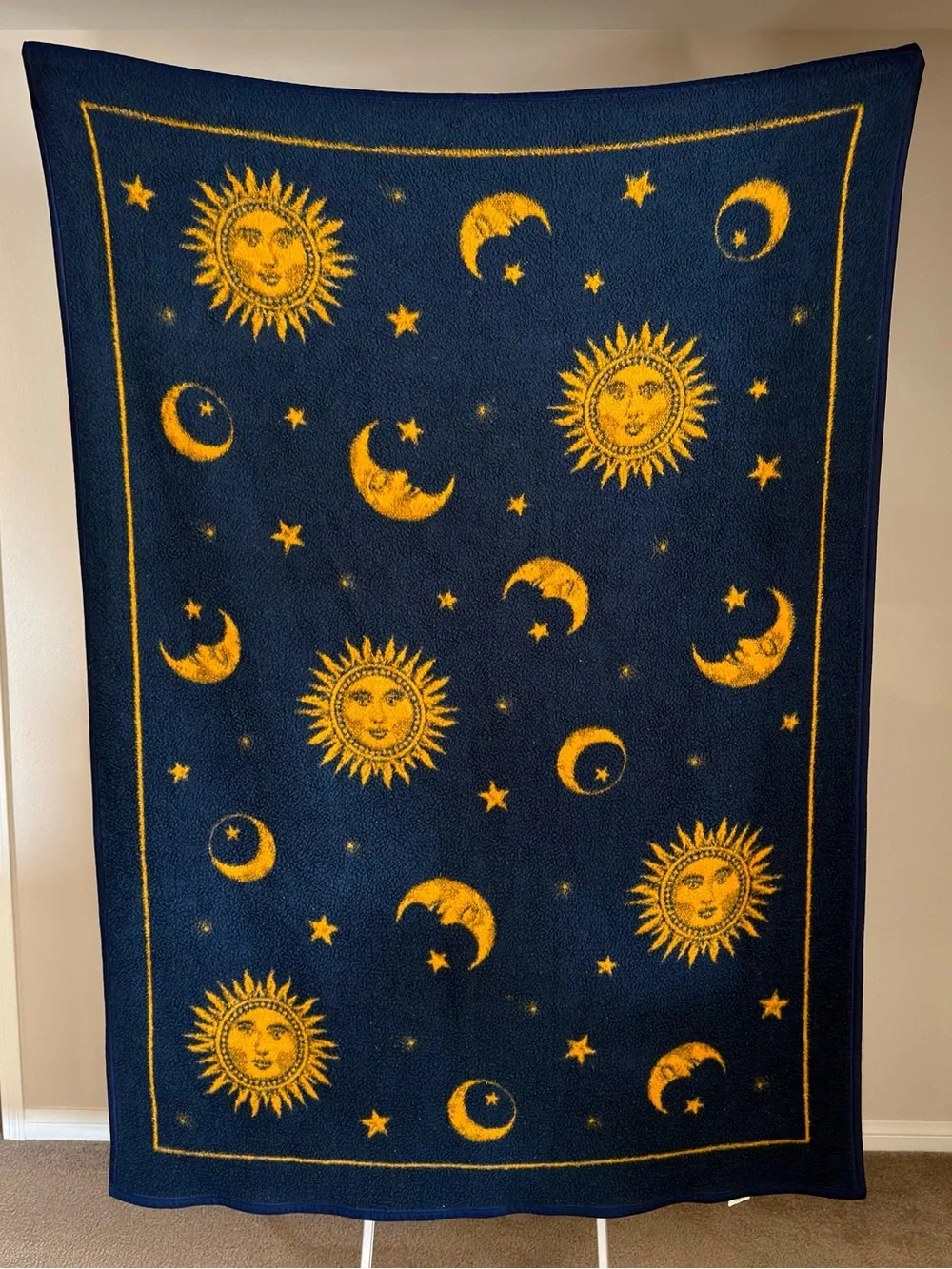Vintage Biederlack Celestial Sun Moon Stars Blanket Reversible Fleece 52x73 Gold